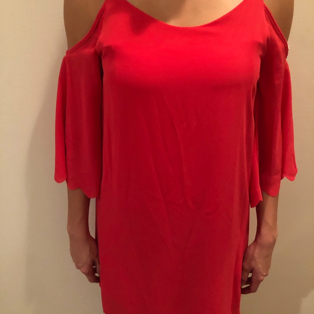 Coral cold shoulder dress.